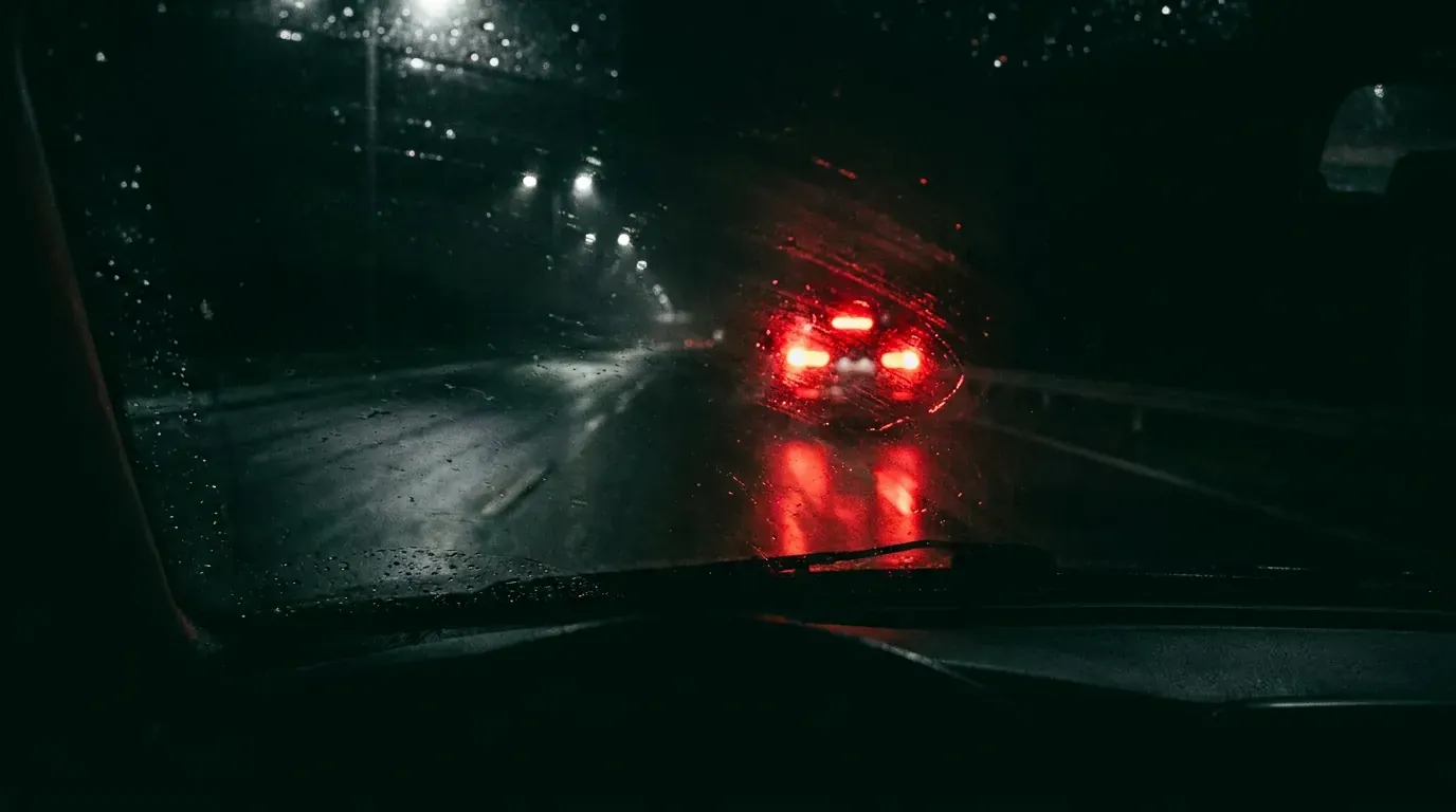 Blurred red brake lights through a rainy windshield