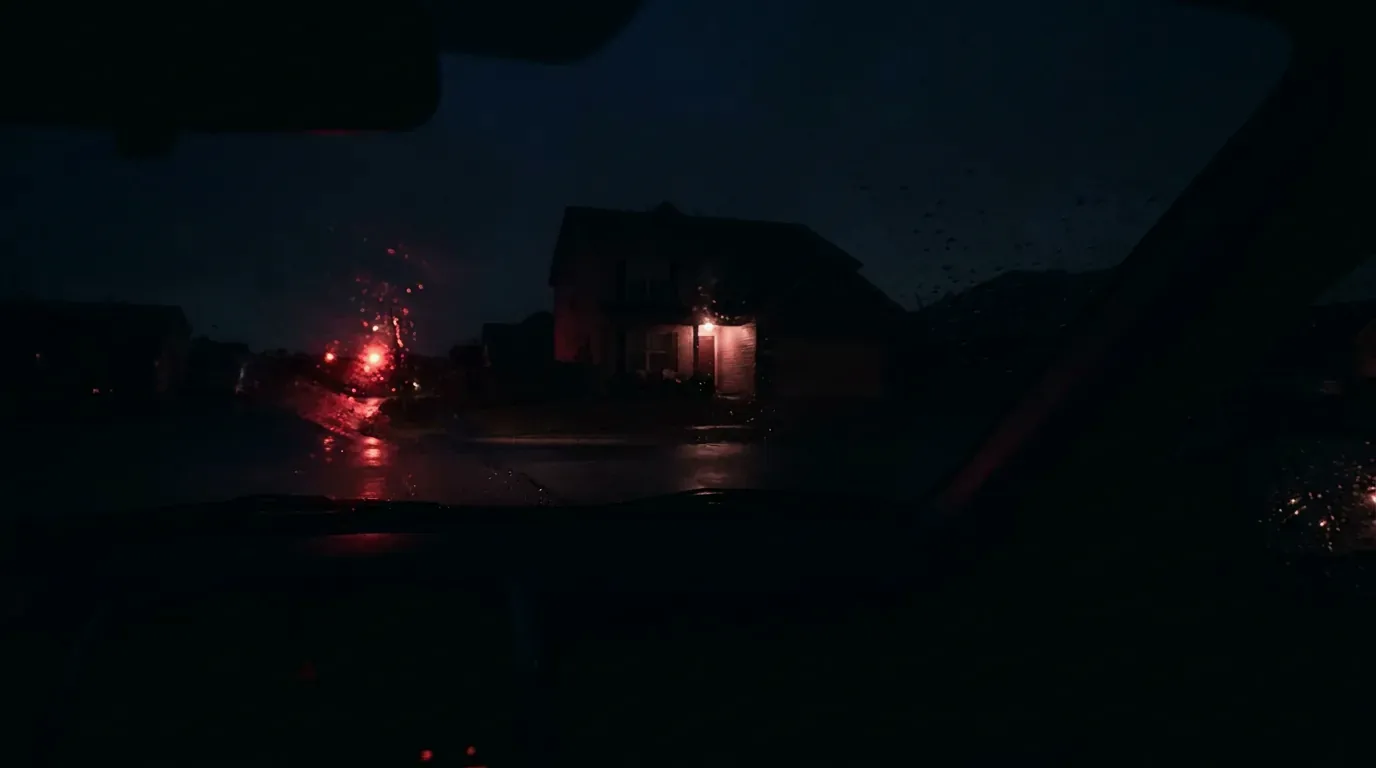 A car parked outside a house with one porch light on at night