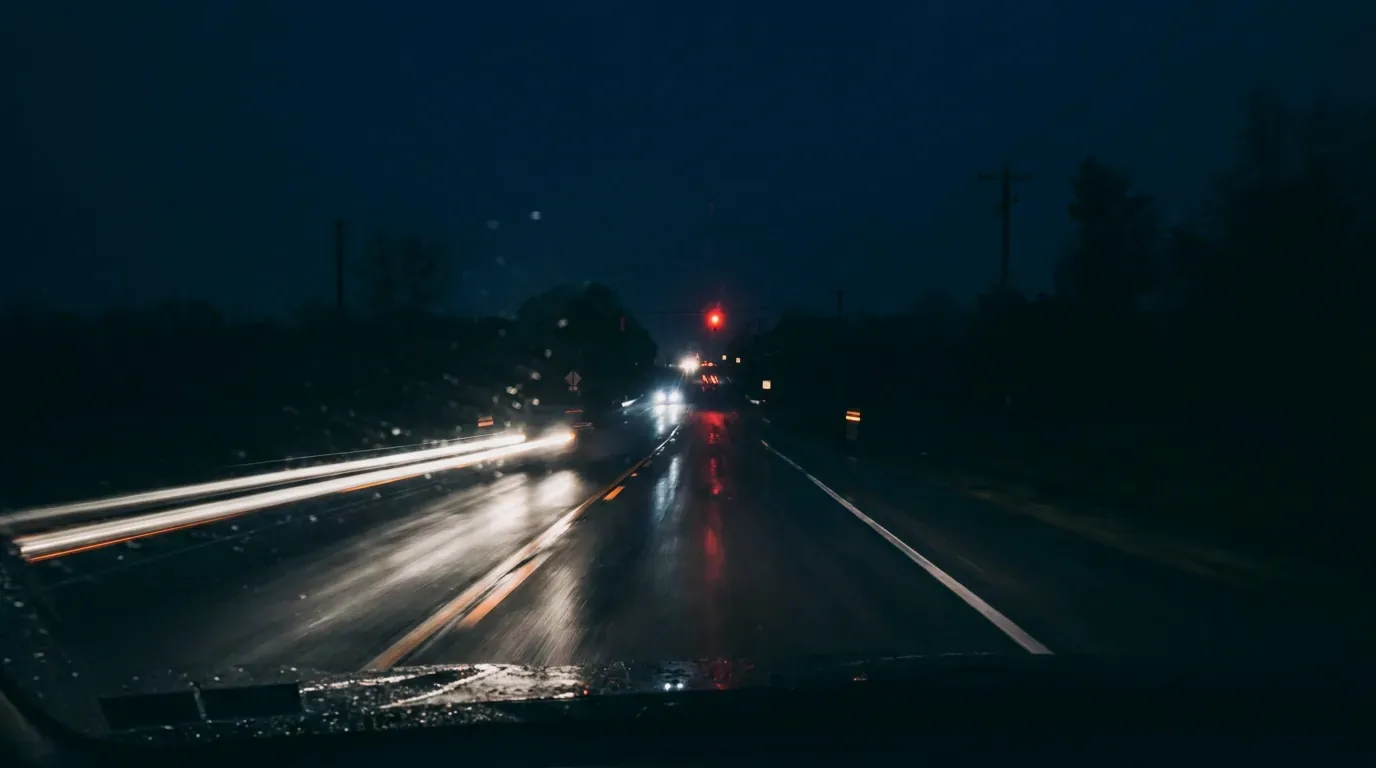 A dark highway with reflective lane markers glowing in headlights