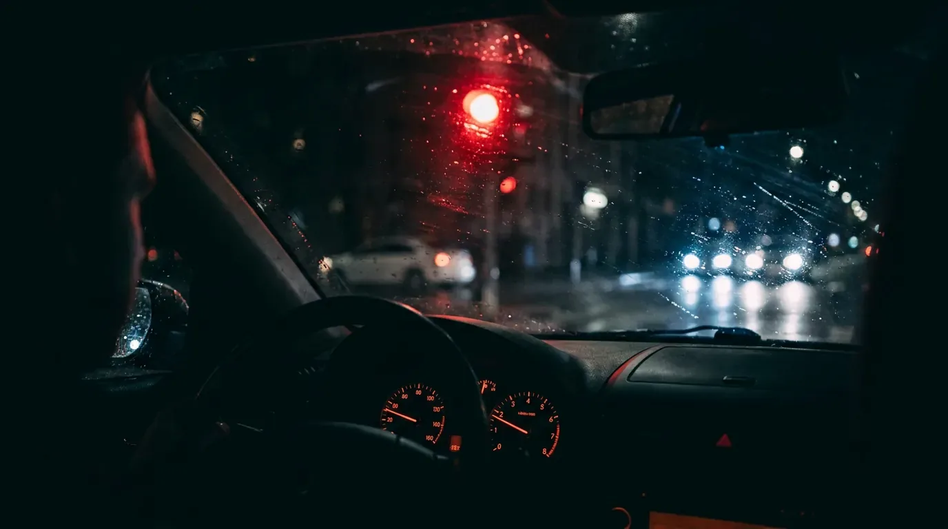 A car dashboard glowing at night with a red signal ahead