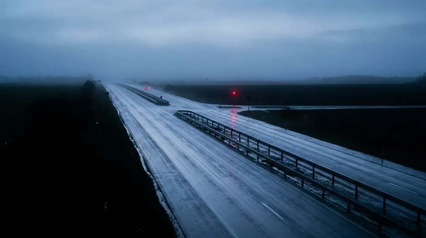 Dawn breaking over an empty wet highway