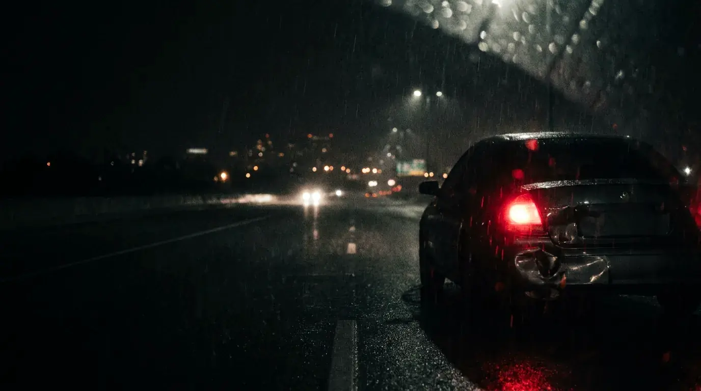 A dented rear bumper on a dark roadside in the rain