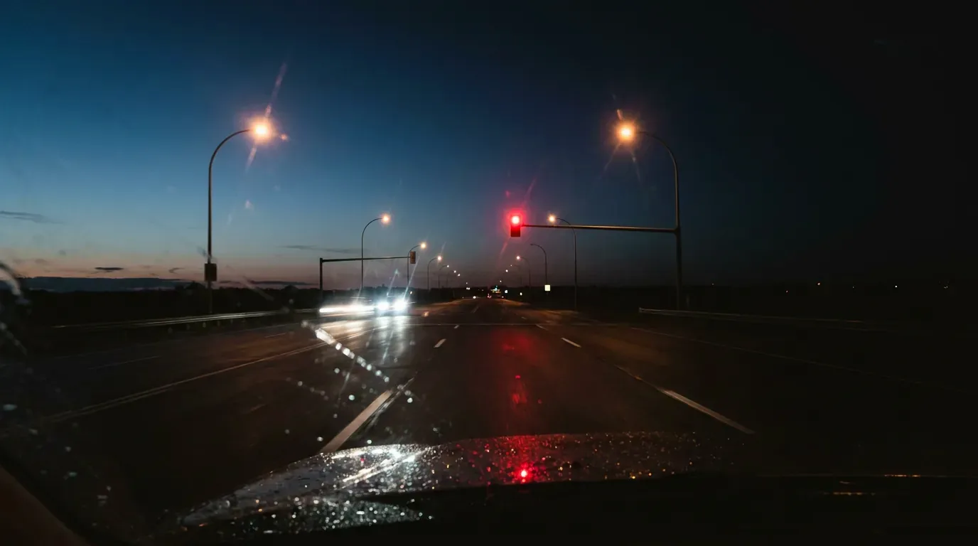 An empty highway at blue hour with one red signal light
