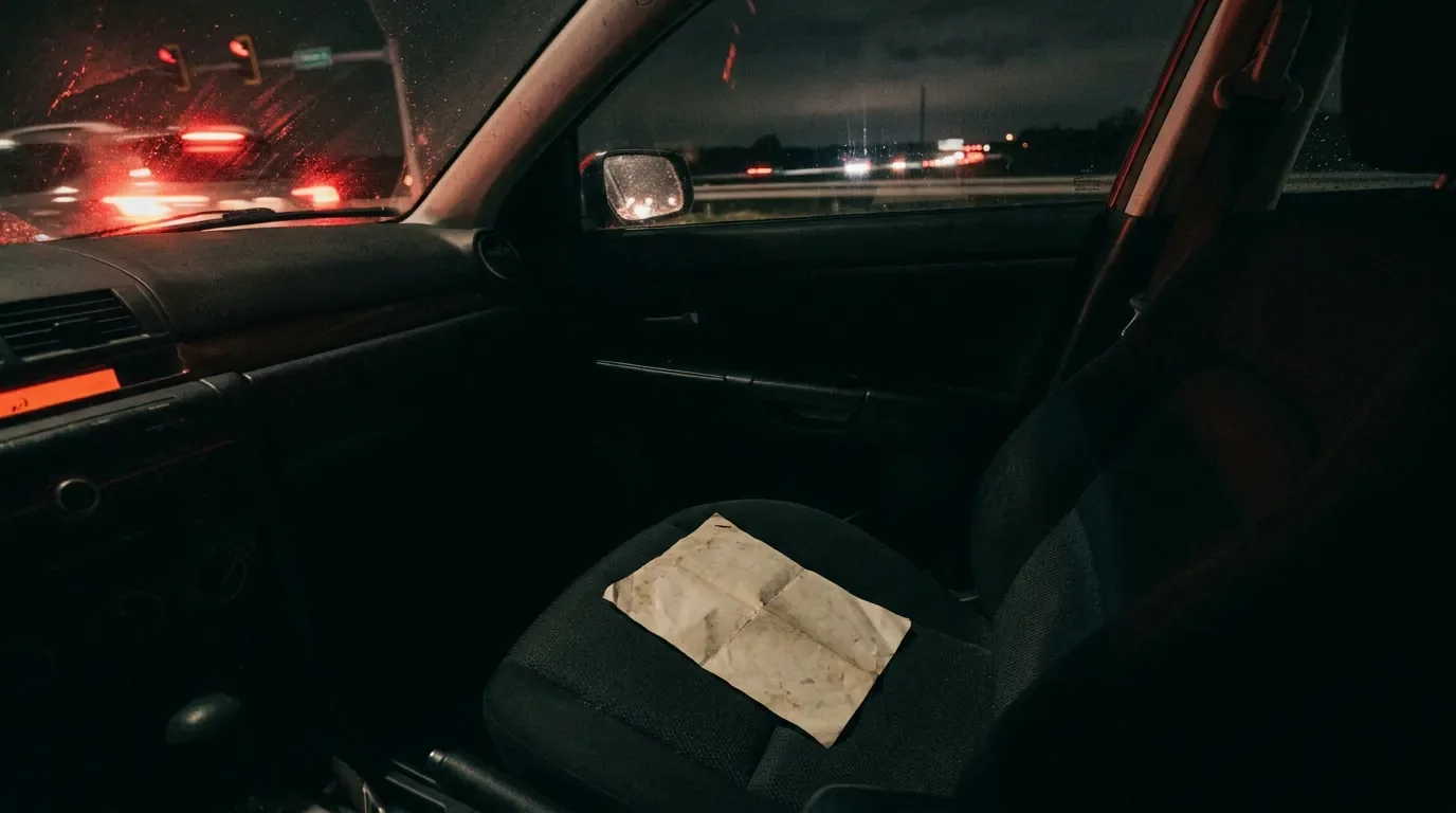 A folded notice on a car passenger seat at night