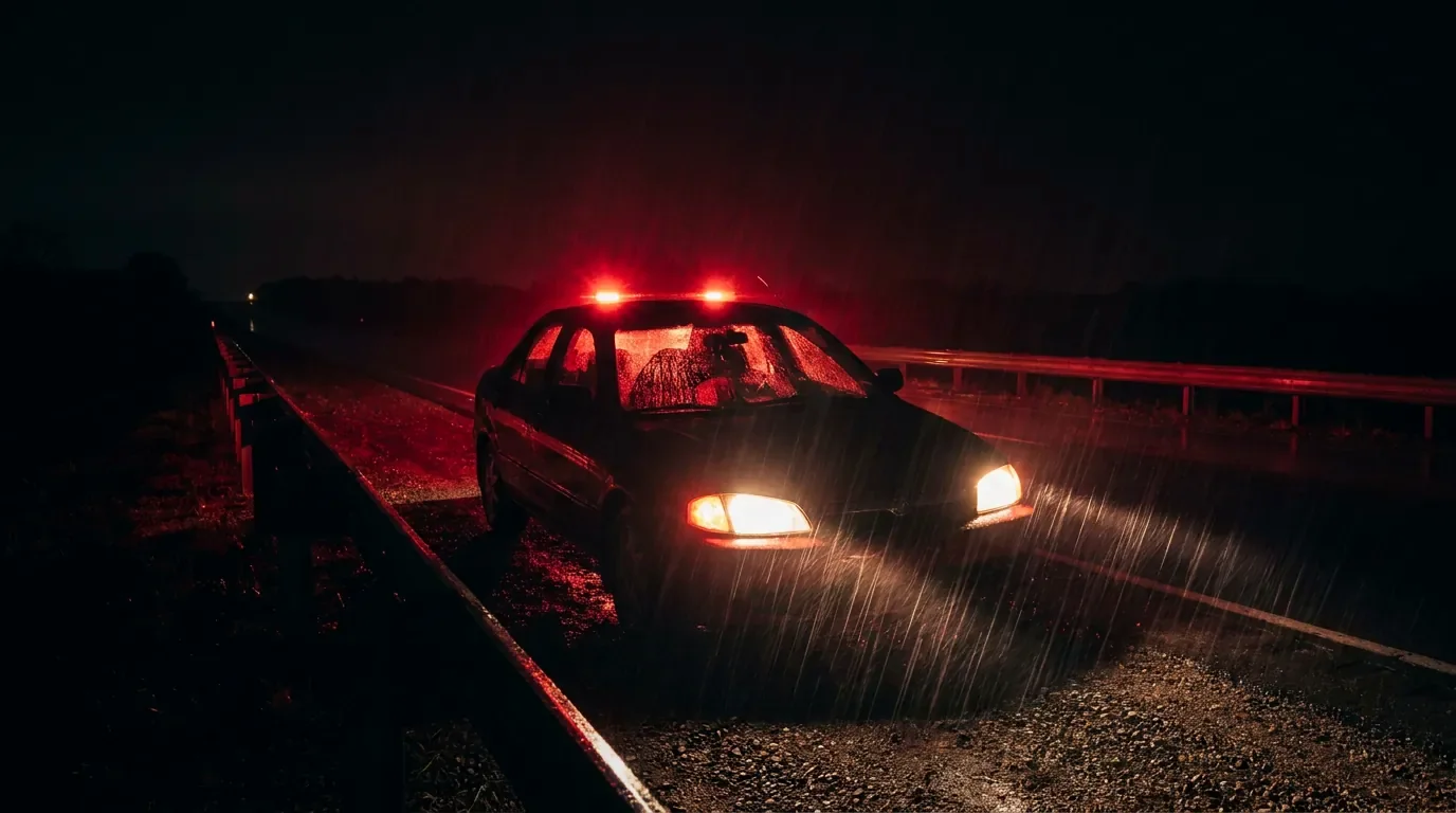 A car on a dark road shoulder with hazard lights in the rain