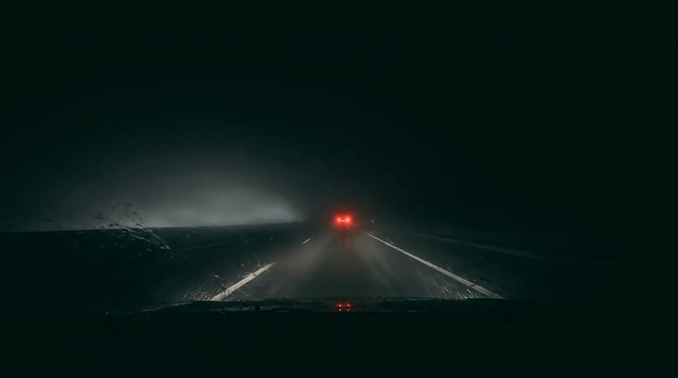 An empty highway vanishing into fog with one red light far ahead