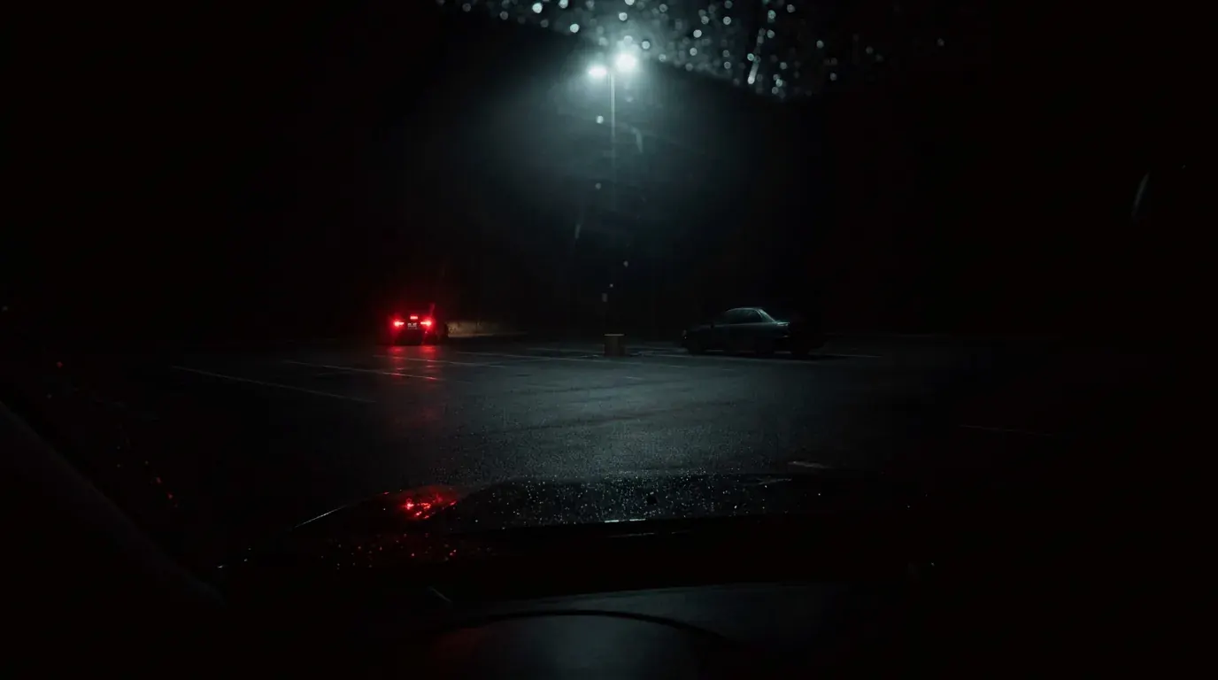 An empty parking lot under one streetlight in light rain