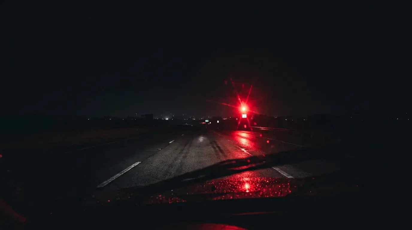 A red flashing light reflected on a wet empty road