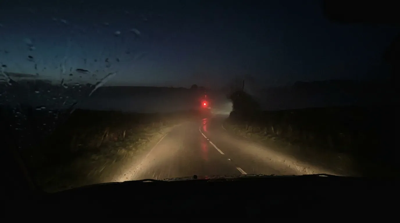 Headlights on a quiet country road at first light