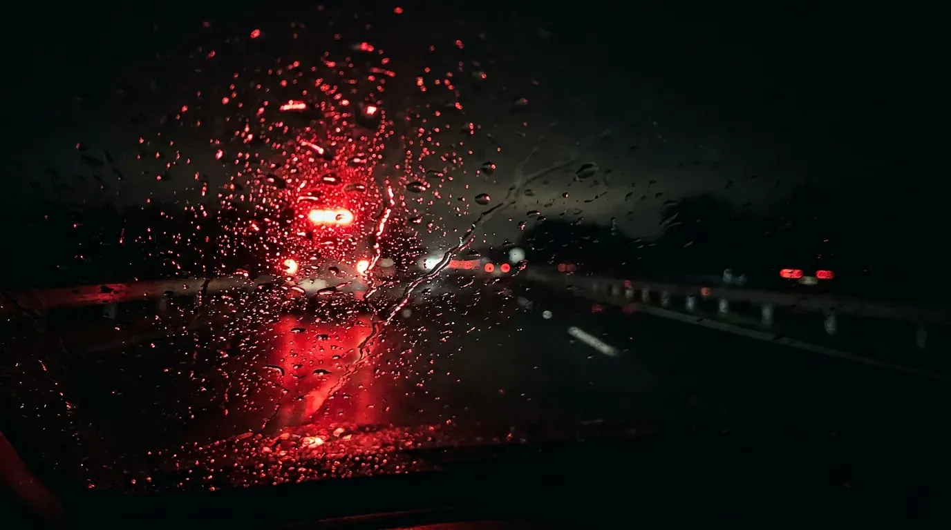 Red light reflected in raindrops on a windshield at night