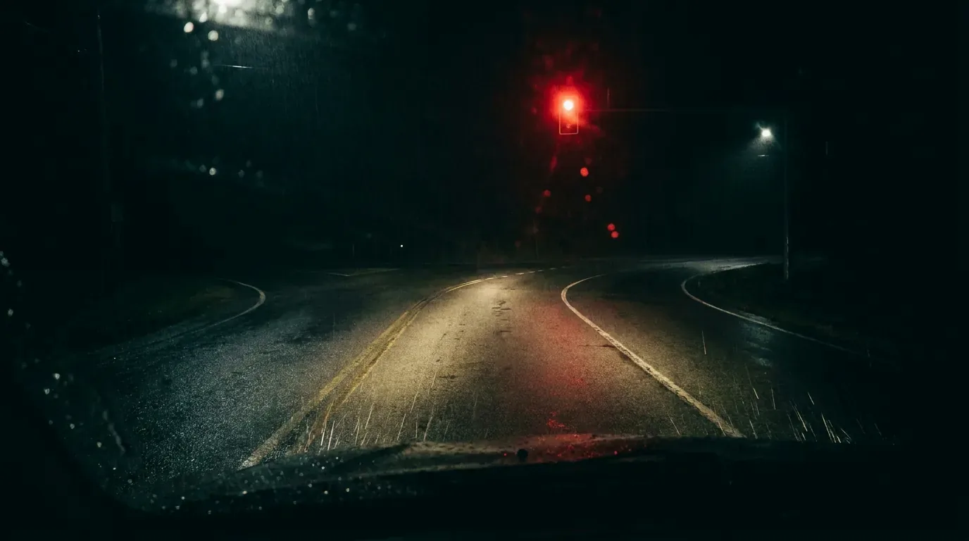 A dark road splitting in two at a junction, lit by headlights