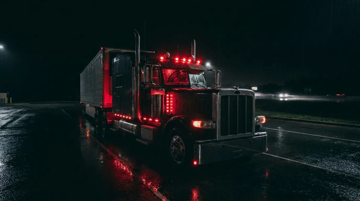 A semi truck parked at a dark truck stop with red marker lights