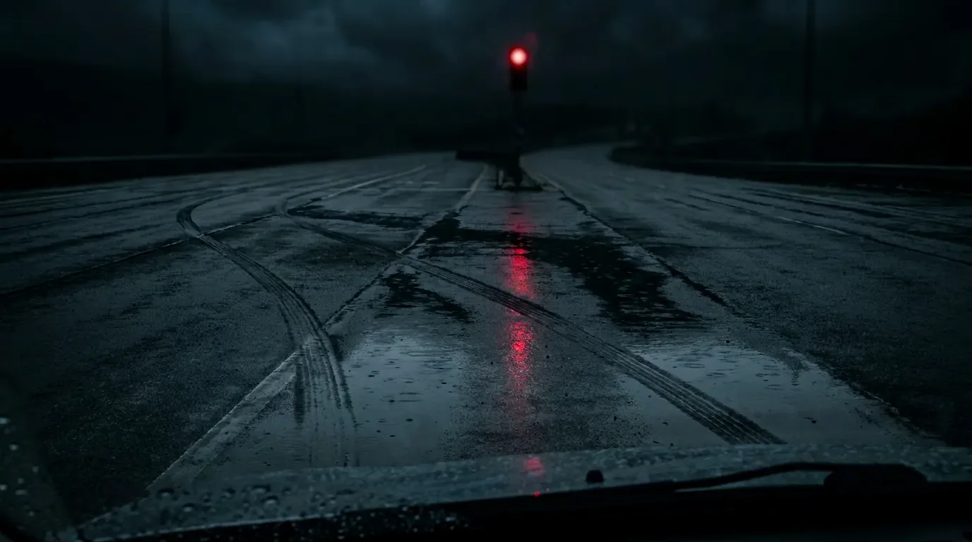 Tire tracks through puddles on wet asphalt at night
