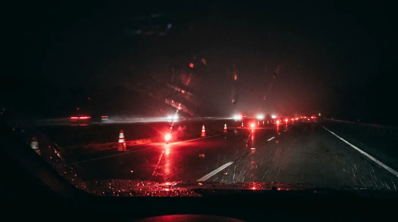 Traffic cones and red road flares on a dark highway