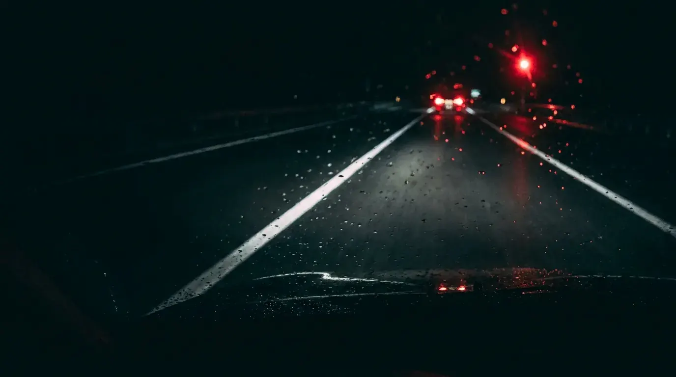 A white road line on wet asphalt lit by headlights